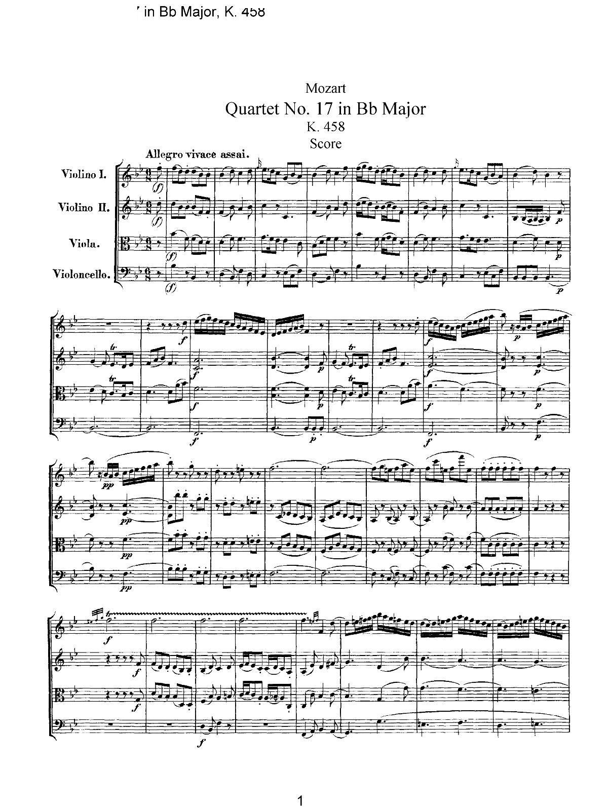Mozart Quartet No 17 in Bb Major K 458()1