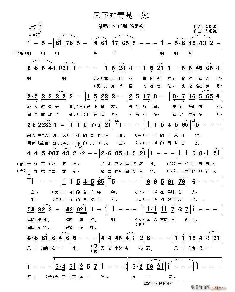 天下知青是一家 刘仁刚 施惠媛 歌谱简谱网