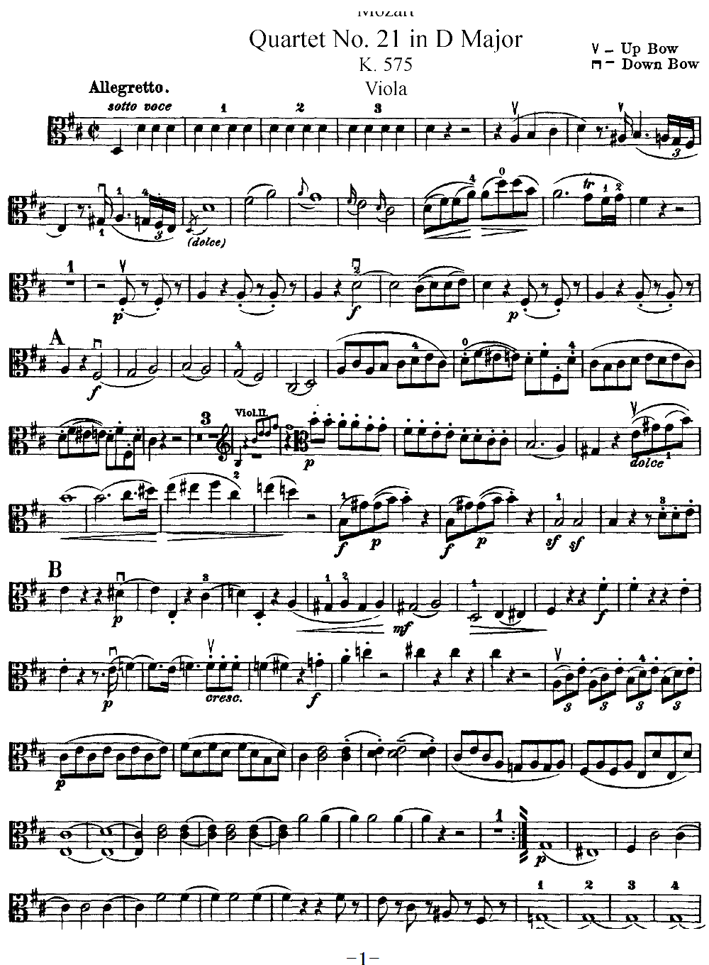 Mozart Quartet No 21 in D Major K 575 Viola(ʮּ)1