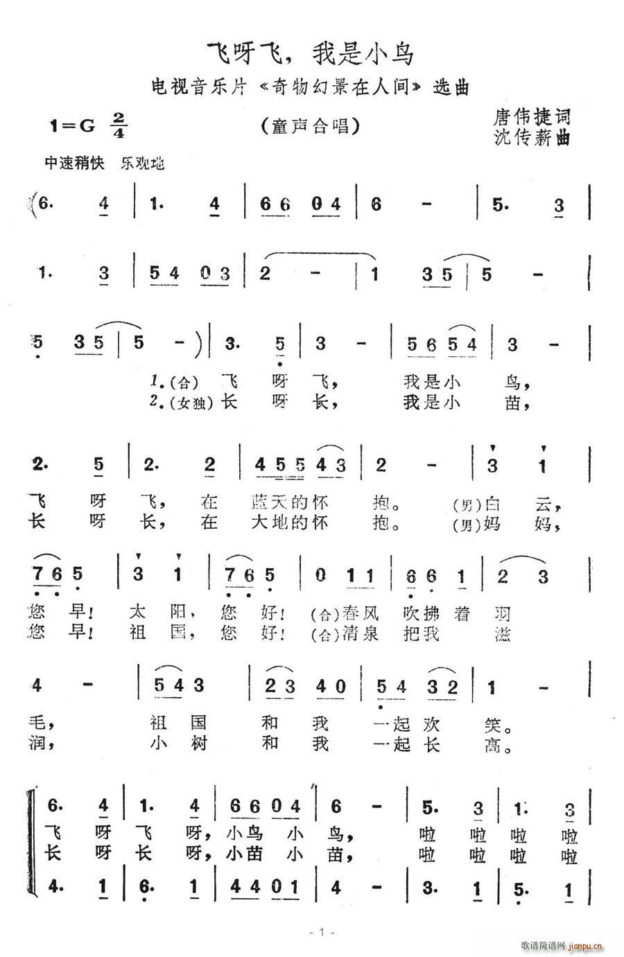 飞呀飞,我是小鸟 歌谱简谱网