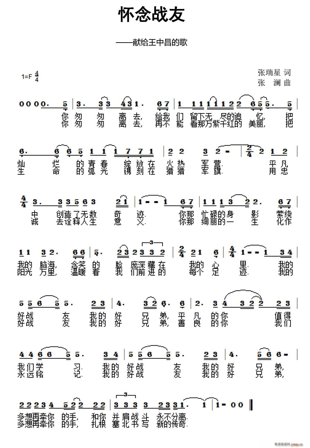 怀念战友(献给王中昌的歌) 陈曦 歌谱简谱网