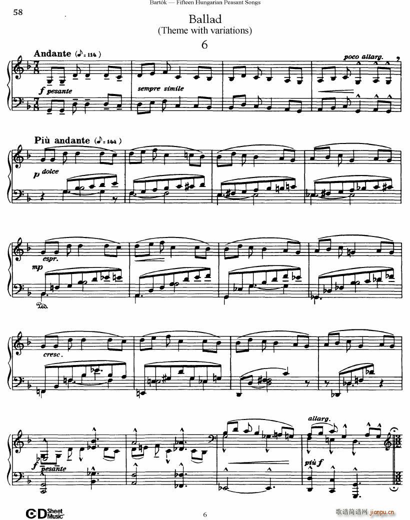 Bartok SZ 71 Fifteen Hungarian Peasant Songs Piano()6