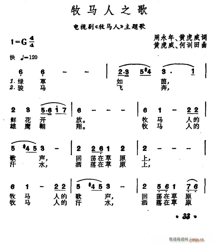牧马人之歌(电视剧《牧马人》主题歌 歌谱简谱网