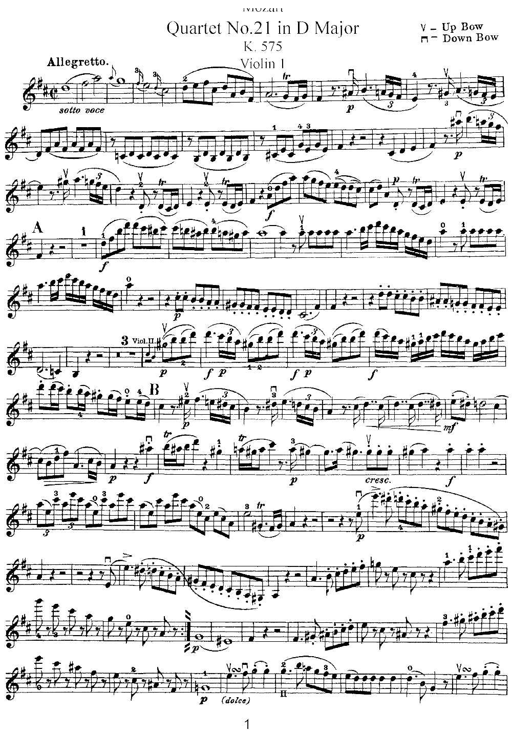 Mozart Quartet No 21 in D Major K 575 Violin 1(ʮּ)1