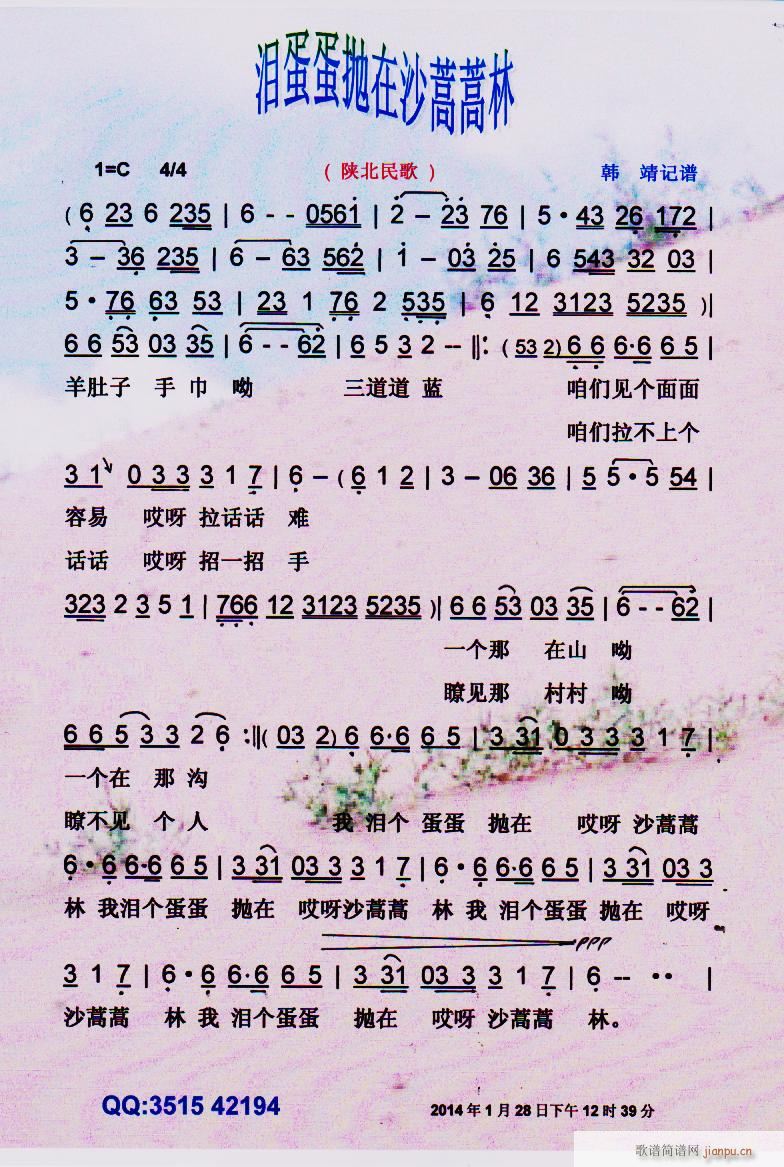 十字及以上 > 泪蛋蛋抛在沙蒿蒿林(陕北民歌)】彩谱】 其他相关 简谱