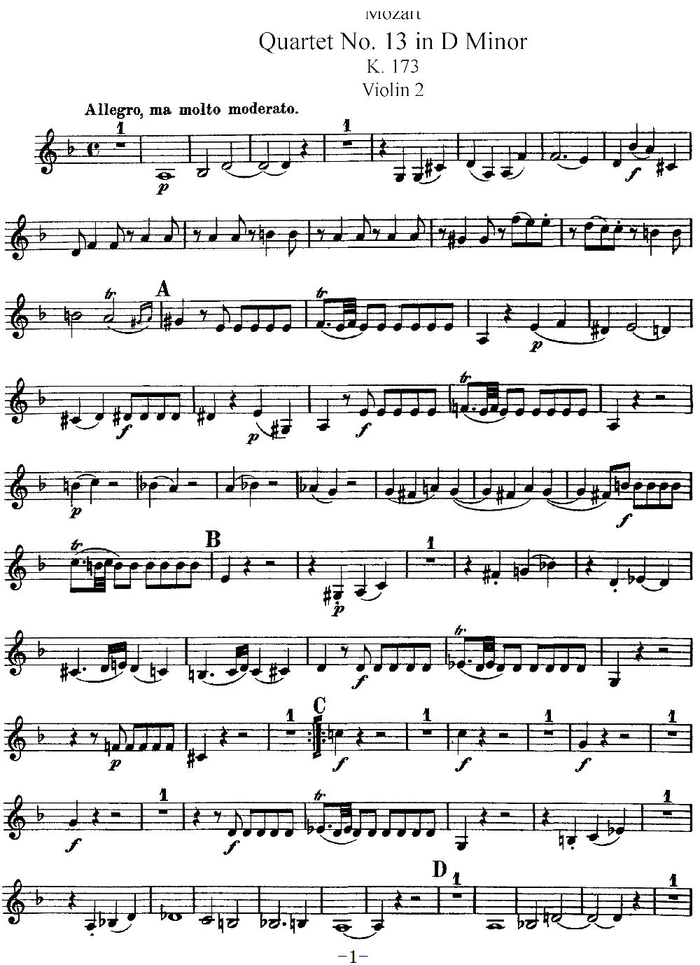Mozart Quartet No 13 in D Minor K 173 Violin 2(ʮּ)1