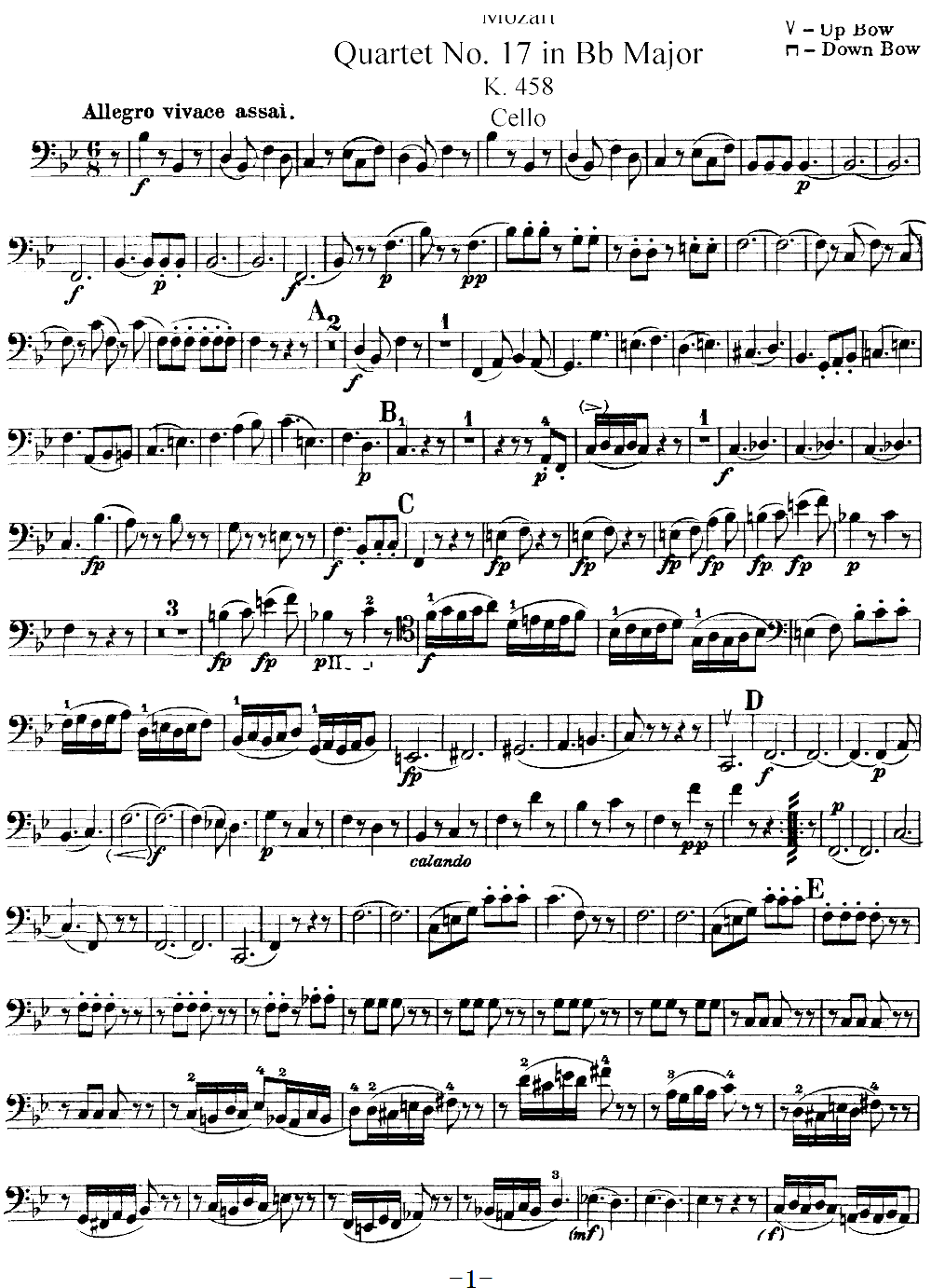 Mozart Quartet No 17 in Bb Major K 458 Cello(ʮּ)1