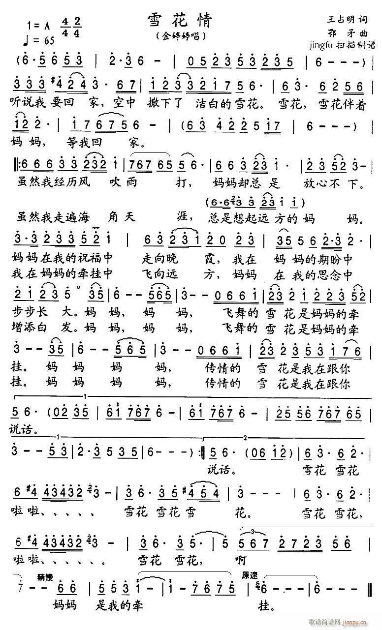 雪花情 金婷婷 歌谱简谱网