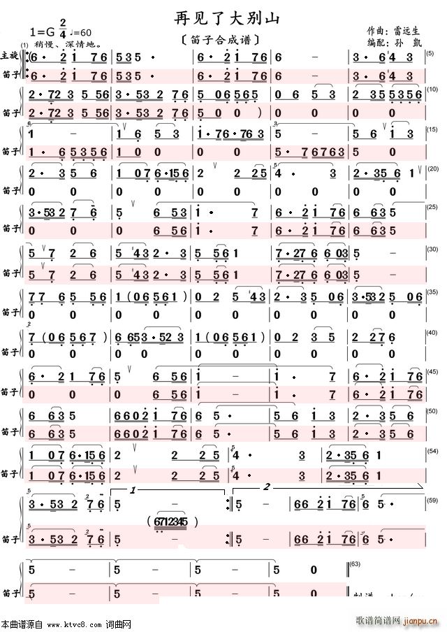 再见了大别山(笛子合成谱) 歌谱简谱网