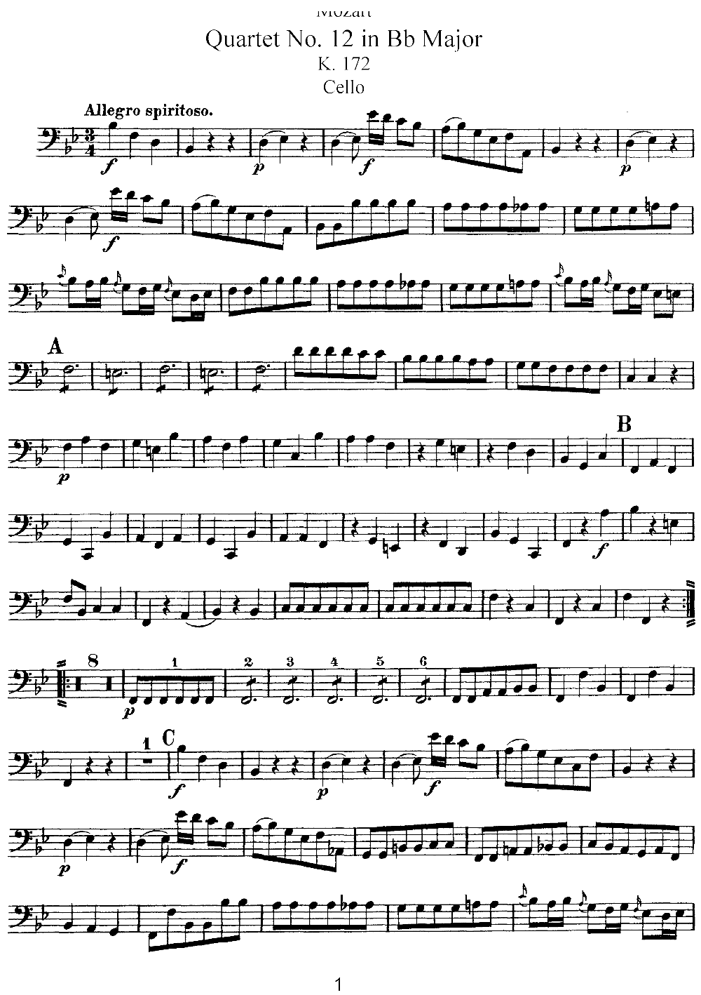 Mozart Quartet No 12 in Bb Major K 172 Cello(ʮּ)1