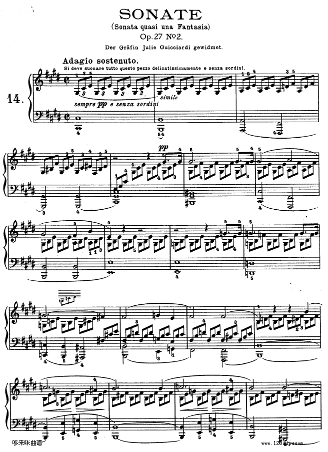 第十四钢琴奏鸣曲《月光曲(op.27 no.2-贝多芬 歌谱简谱网