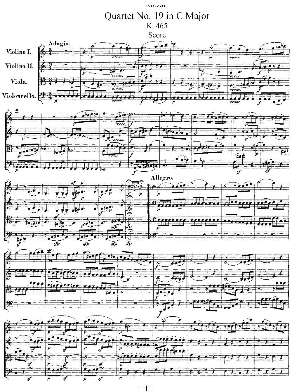 Mozart Quartet No 19 in C Major K 465()1