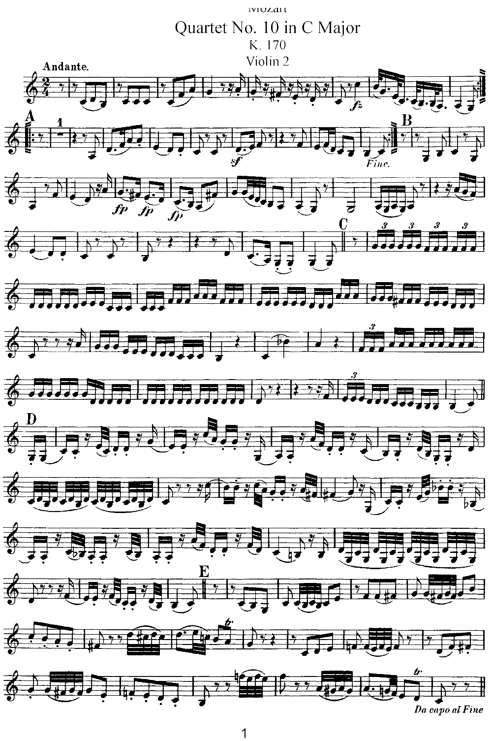 MozartQuartet No 10 in C Major K 170 Violin 2 歌谱简谱网