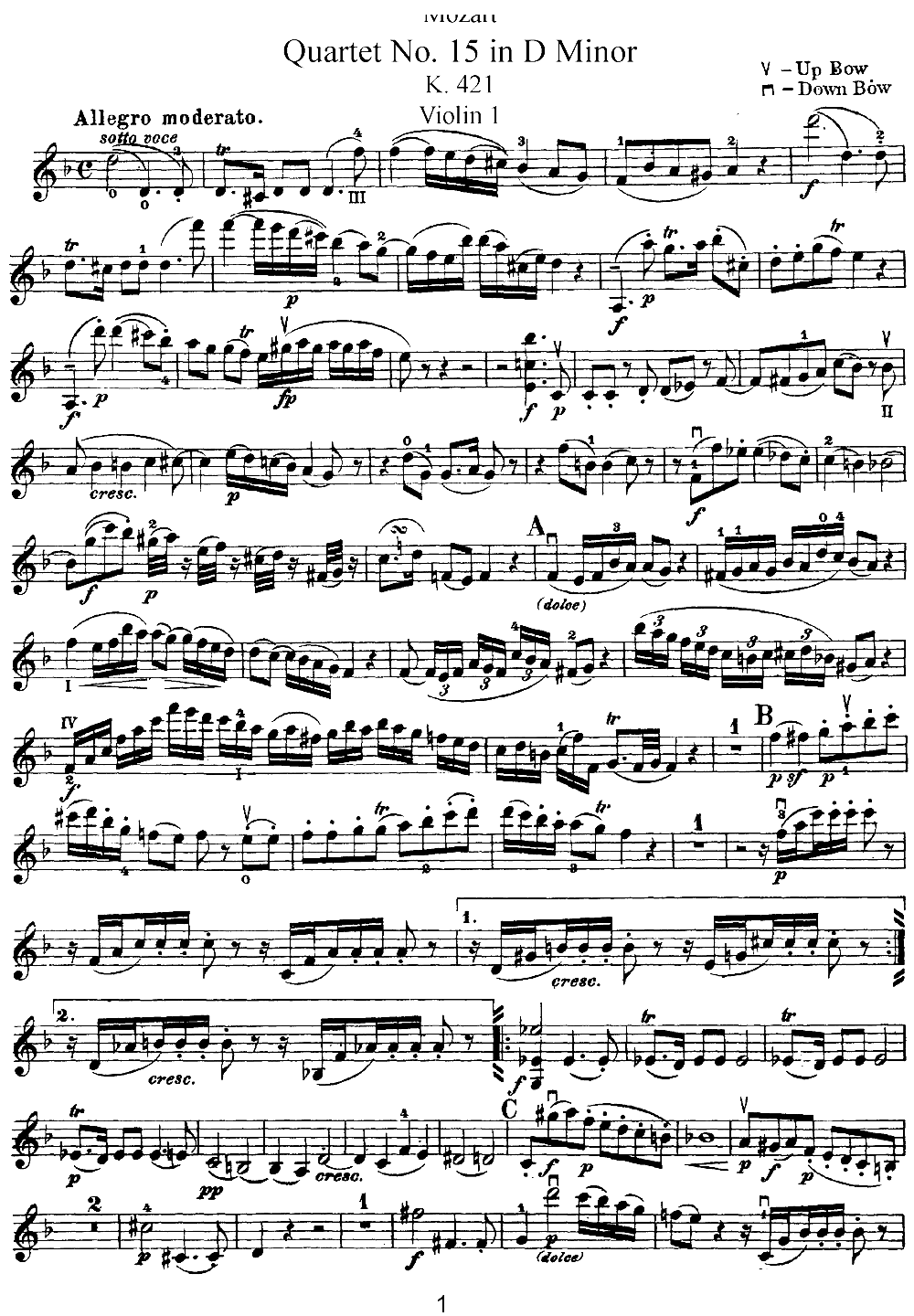 Mozart Quartet No 15 in D Minor K 421 Violin 1(ʮּ)1