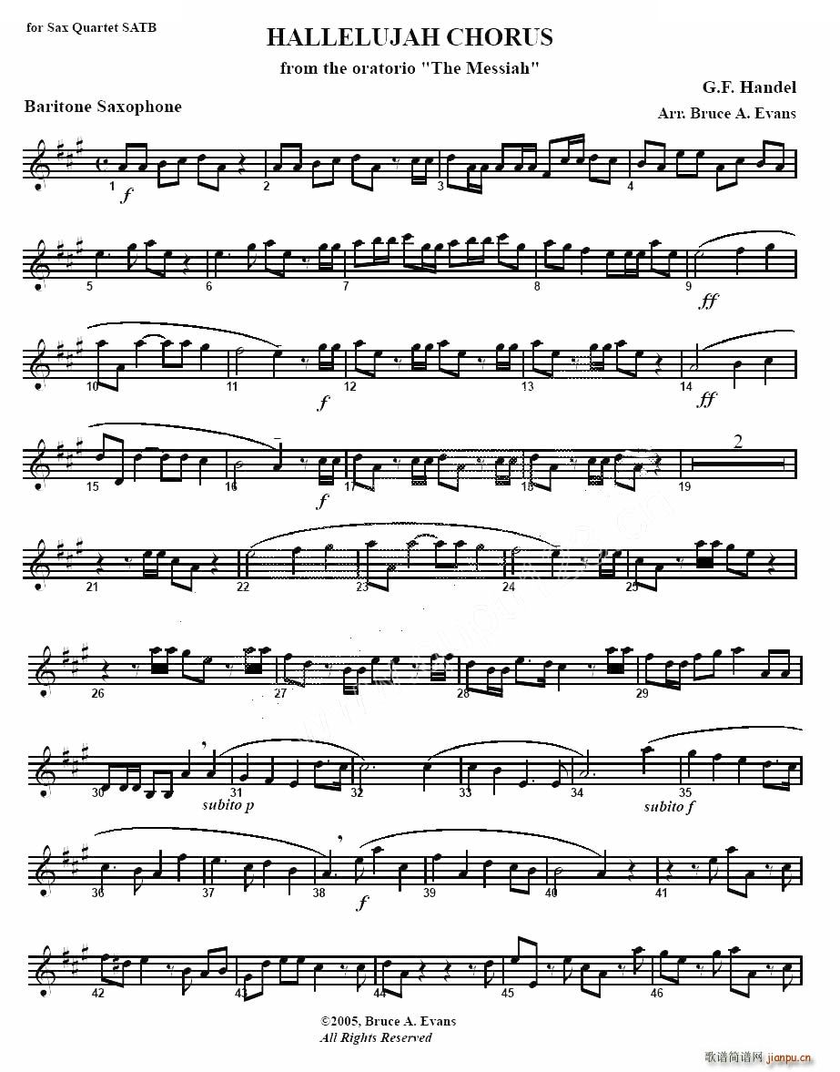 hallelujah chorus(哈利路亚)(四重奏 baryton —上低音萨克斯分谱)