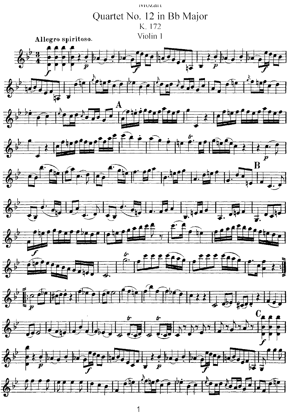 Mozart Quartet No 12 in Bb Major K 172 Violin 1(ʮּ)1