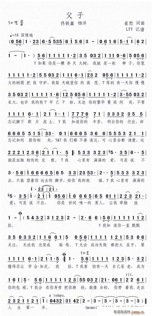 父子(2016央视春晚节目 佟铁鑫 杨洋 歌谱简谱网