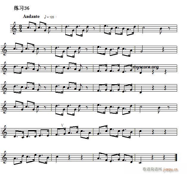 快速入门 附录 视唱浅易经典练习曲(36) 歌谱简谱网