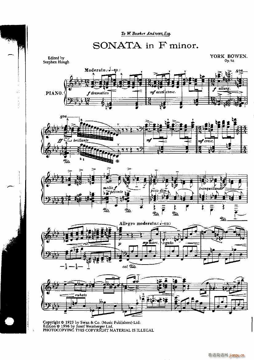 Bowen Op 72 Piano Sonata No 5 in F()1