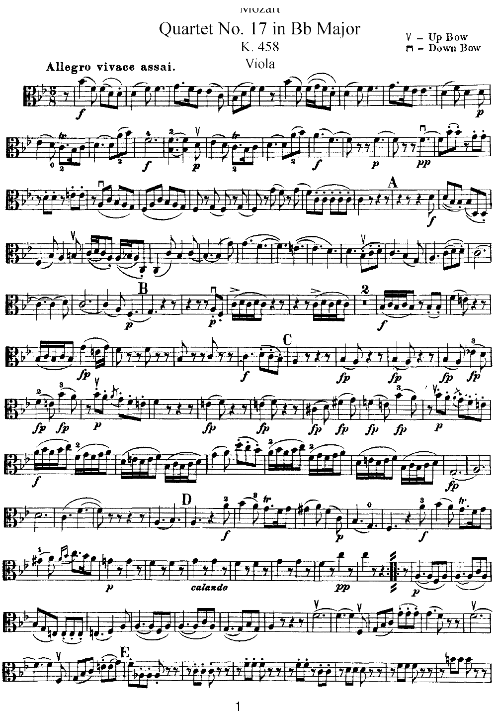 Mozart Quartet No 17 in Bb Major K 458 Viola(ʮּ)1