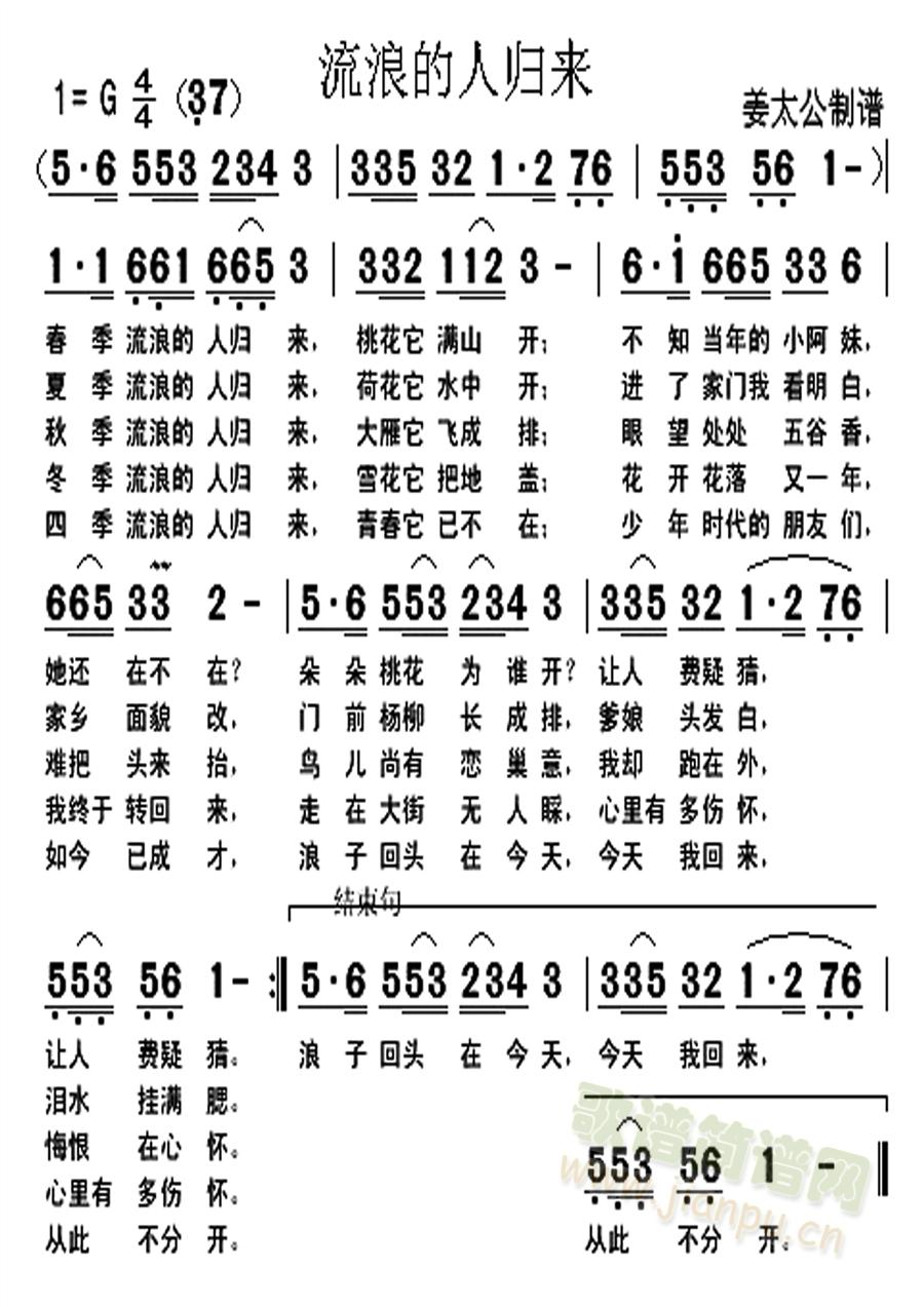流浪的人归来 歌谱简谱网