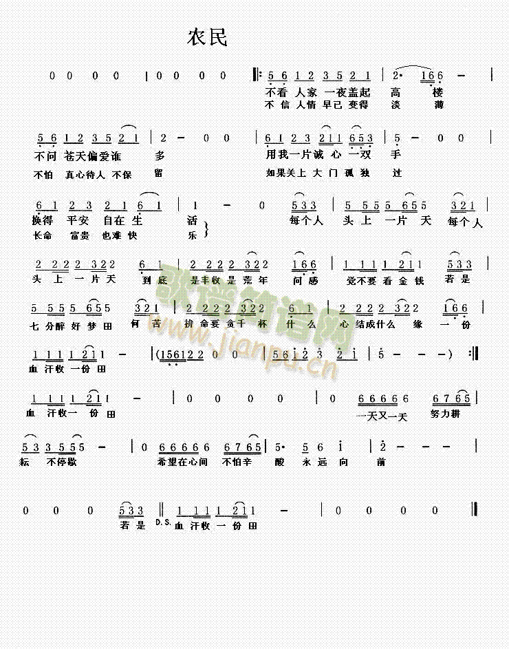 农民(国语版)beyond 歌谱简谱网