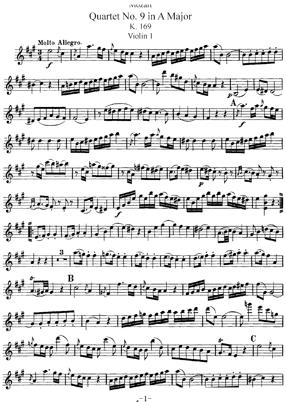 Mozart Quartet No 9 in A Major K 169 Violin 1(ʮּ)1