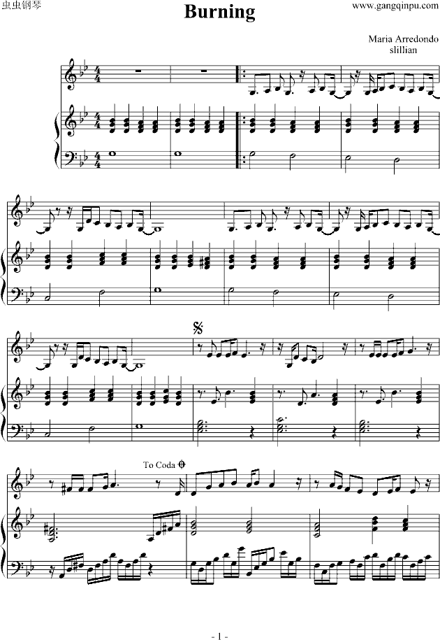 burning-钢琴谱(钢琴曲)-maria arredondo 歌谱简谱网