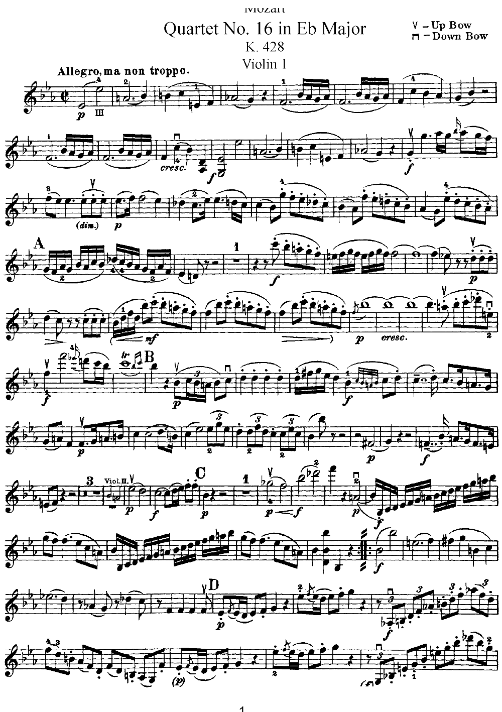 Mozart Quartet No 16 in Eb Major K 428 Violin 1(ʮּ)1