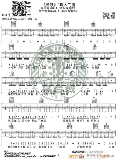 抖音热曲雀跃g调入门版编配猴哥吉他教学
