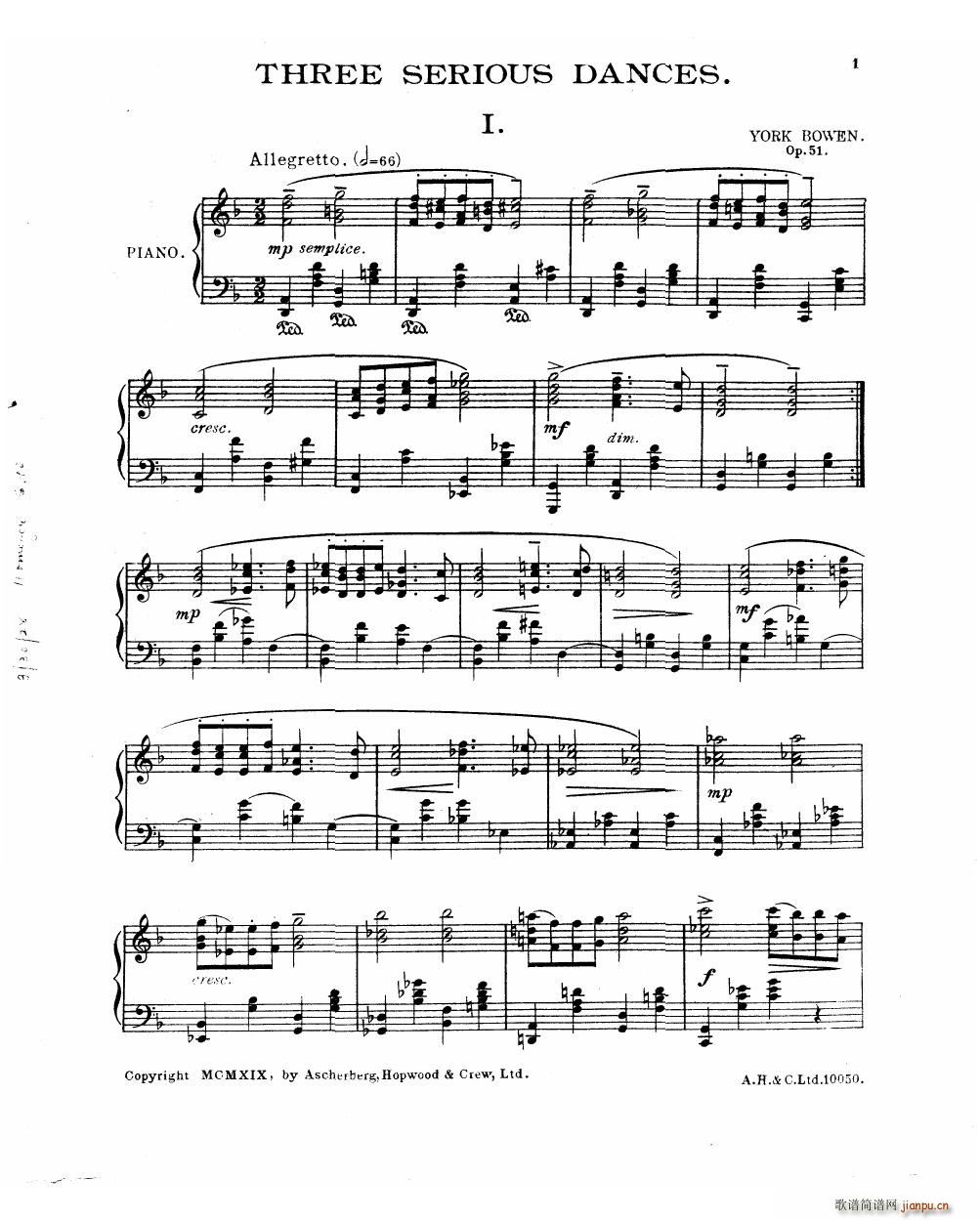Bowen Serious Dances for piano Op 51()3