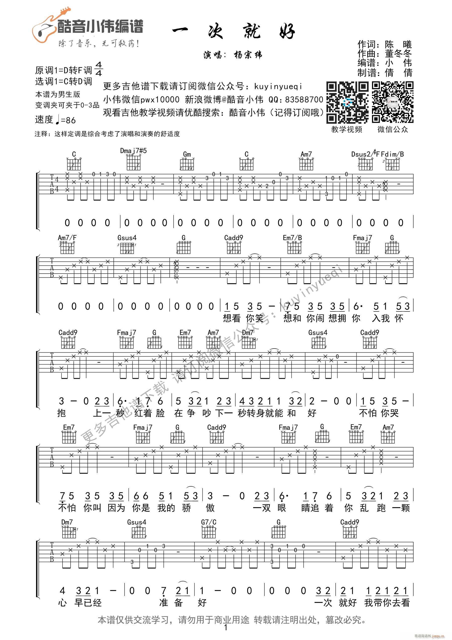 一次就好 杨宗纬c调指法 简单弹 超好听 酷音小伟编谱(吉他谱)1