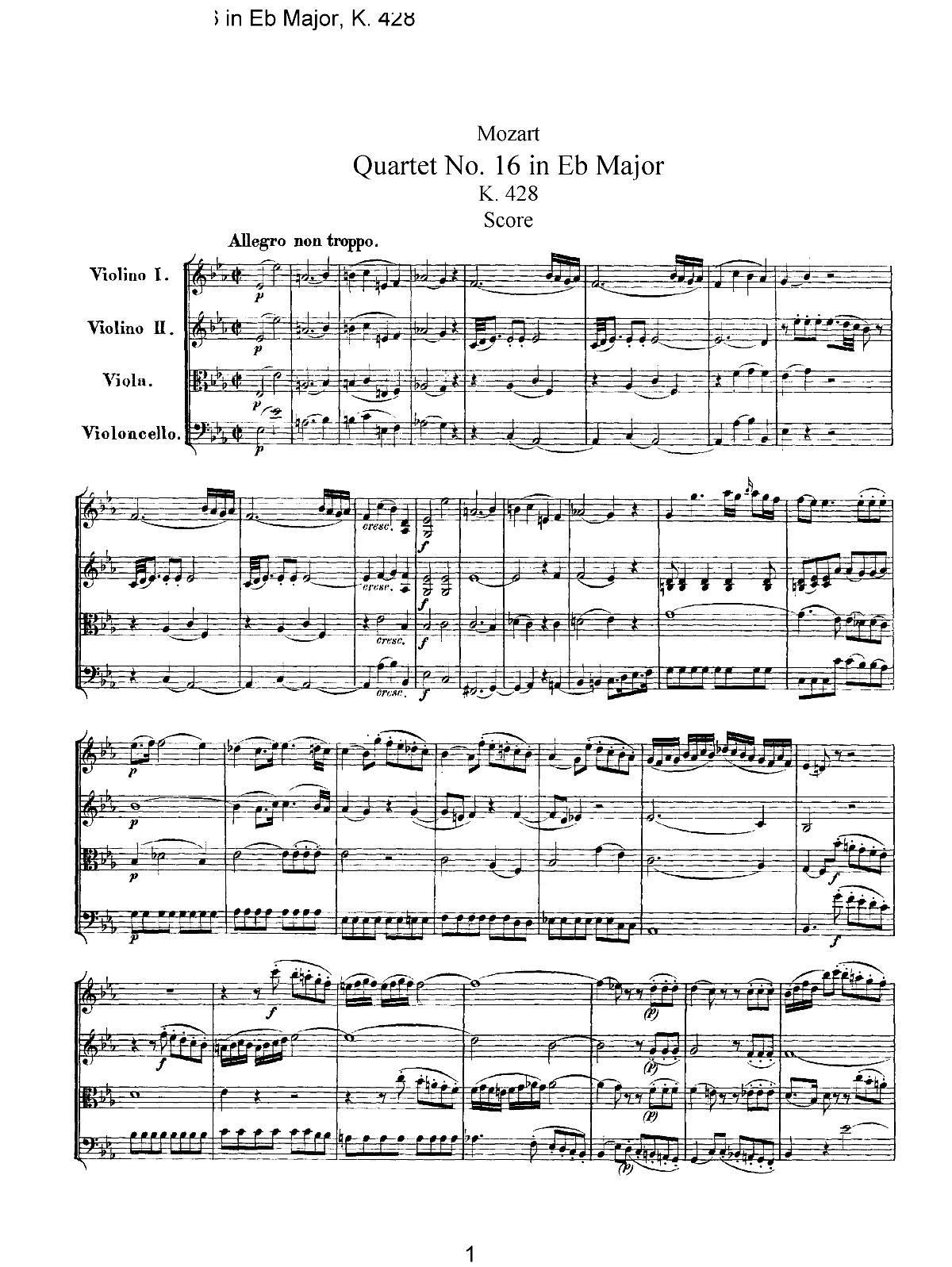 Mozart Quartet No 16 in Eb Major K 428()1