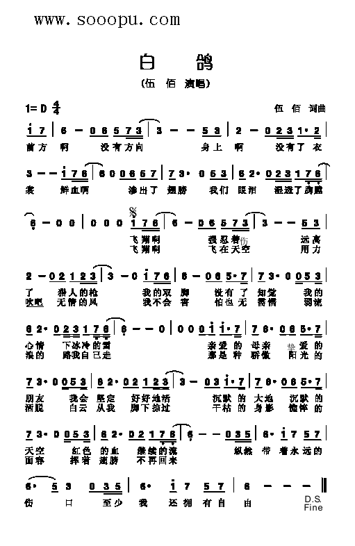 七字歌谱 > 白鸽 歌曲类 简谱 艺术家/歌手:  伍佰       点击: 1000