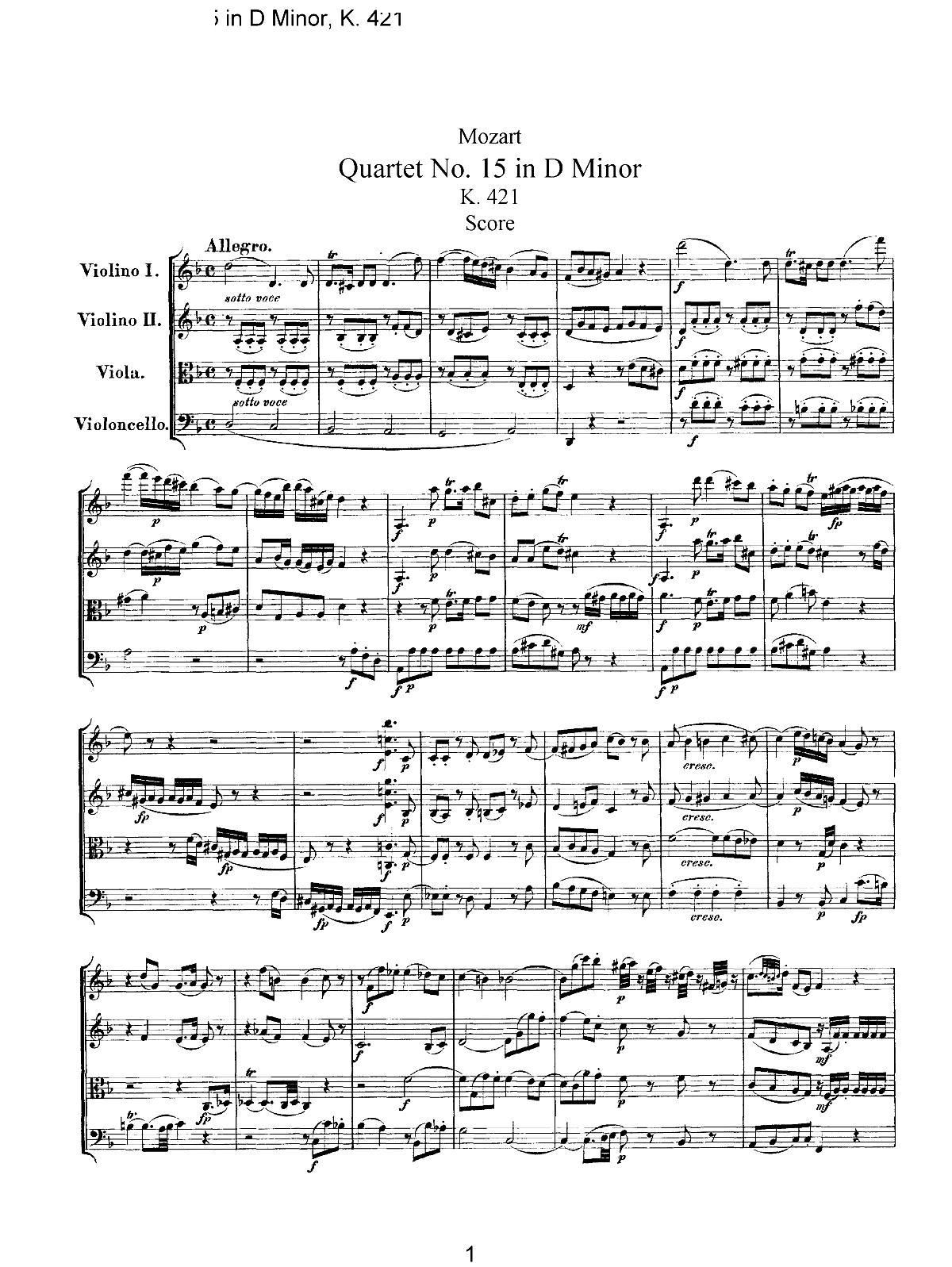 Mozart Quartet No 15 in D Minor K 421()1