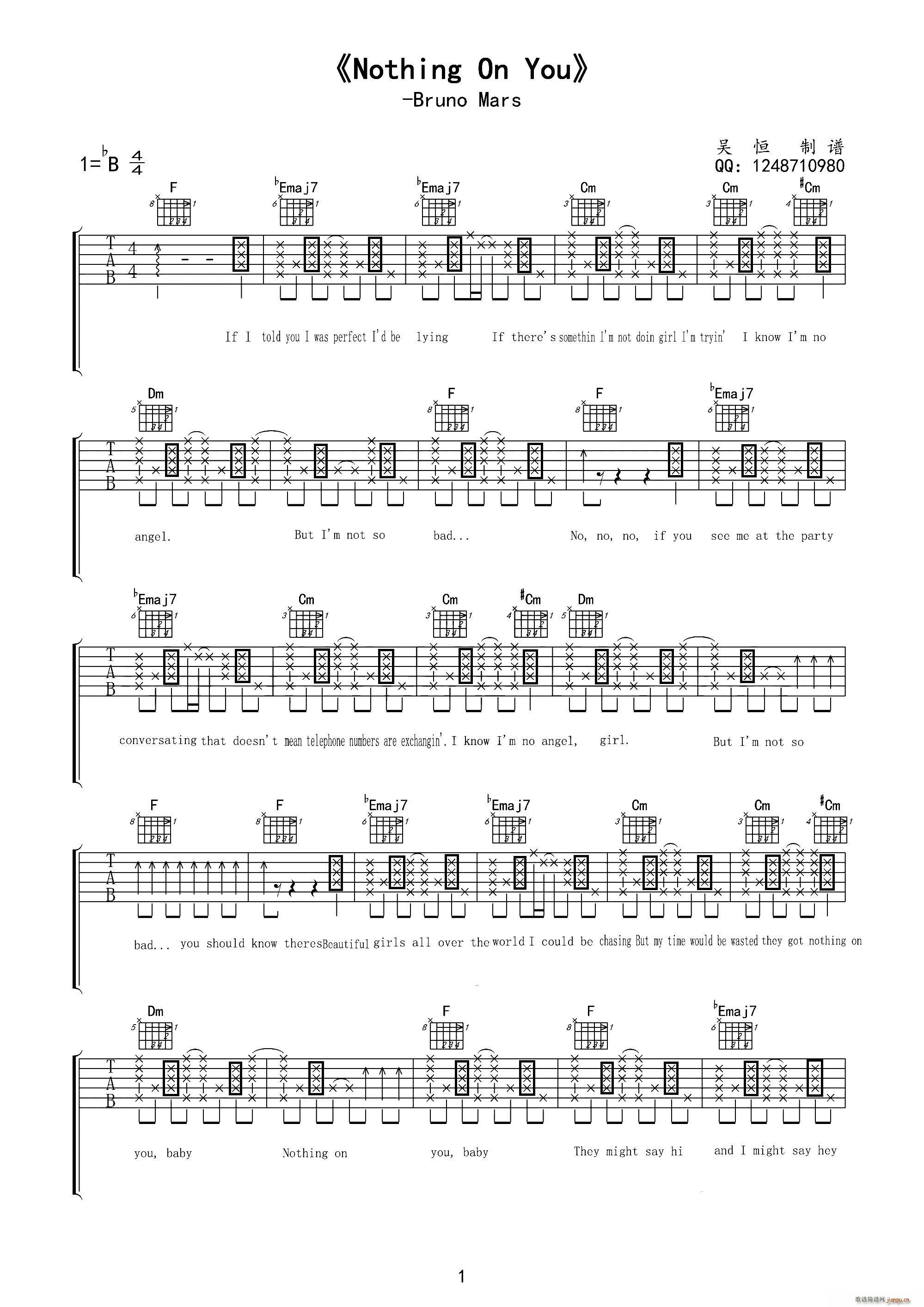 nothing on you bruno mars 歌谱简谱网