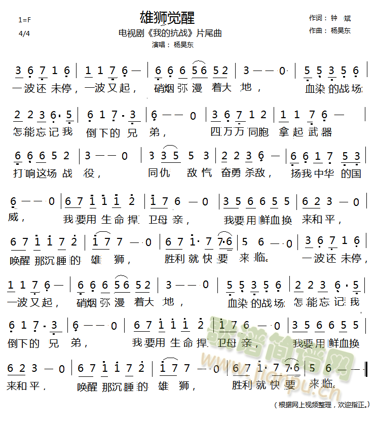 雄狮觉醒 歌谱简谱网