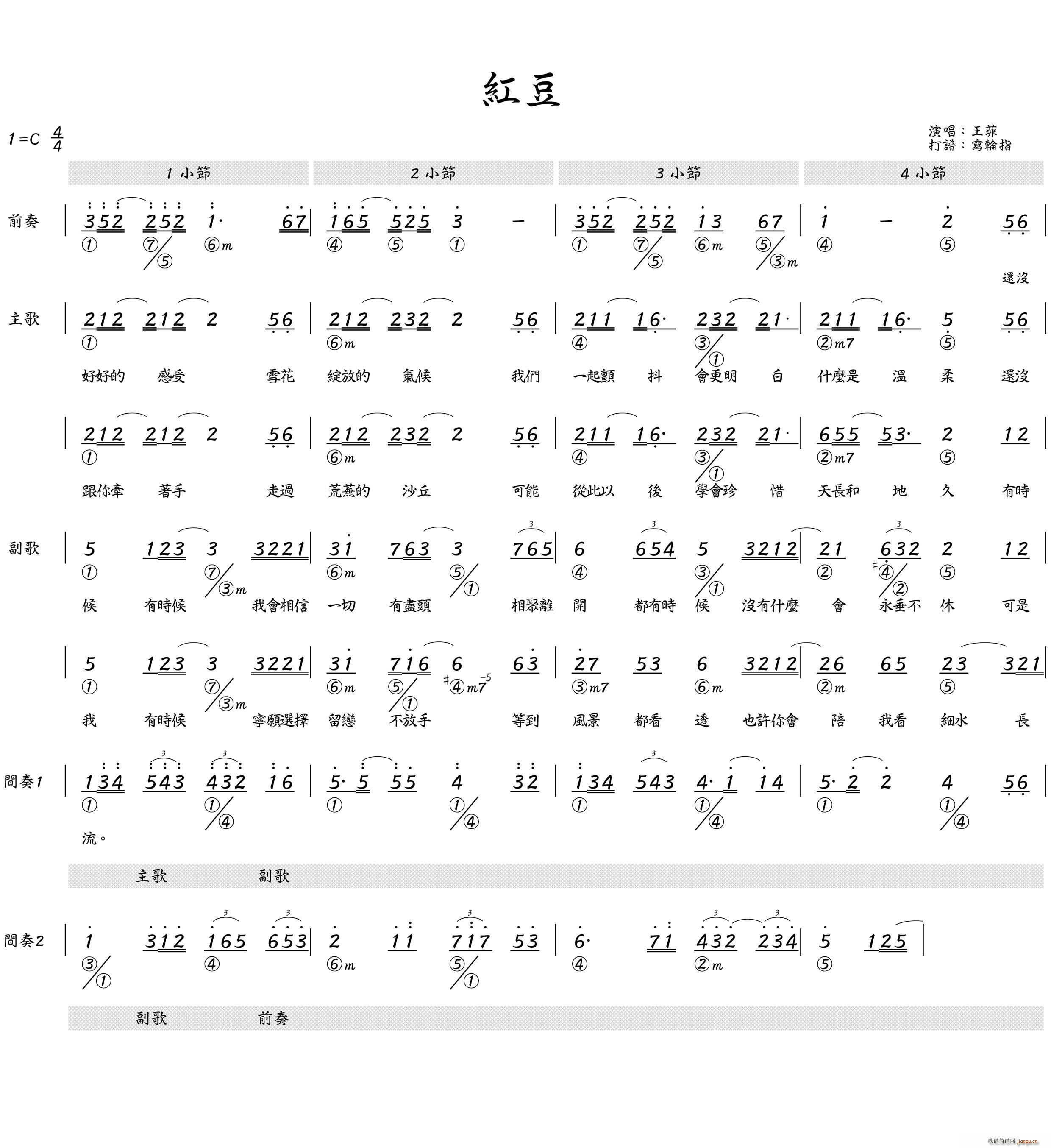 红豆(简和谱 王菲 歌谱简谱网