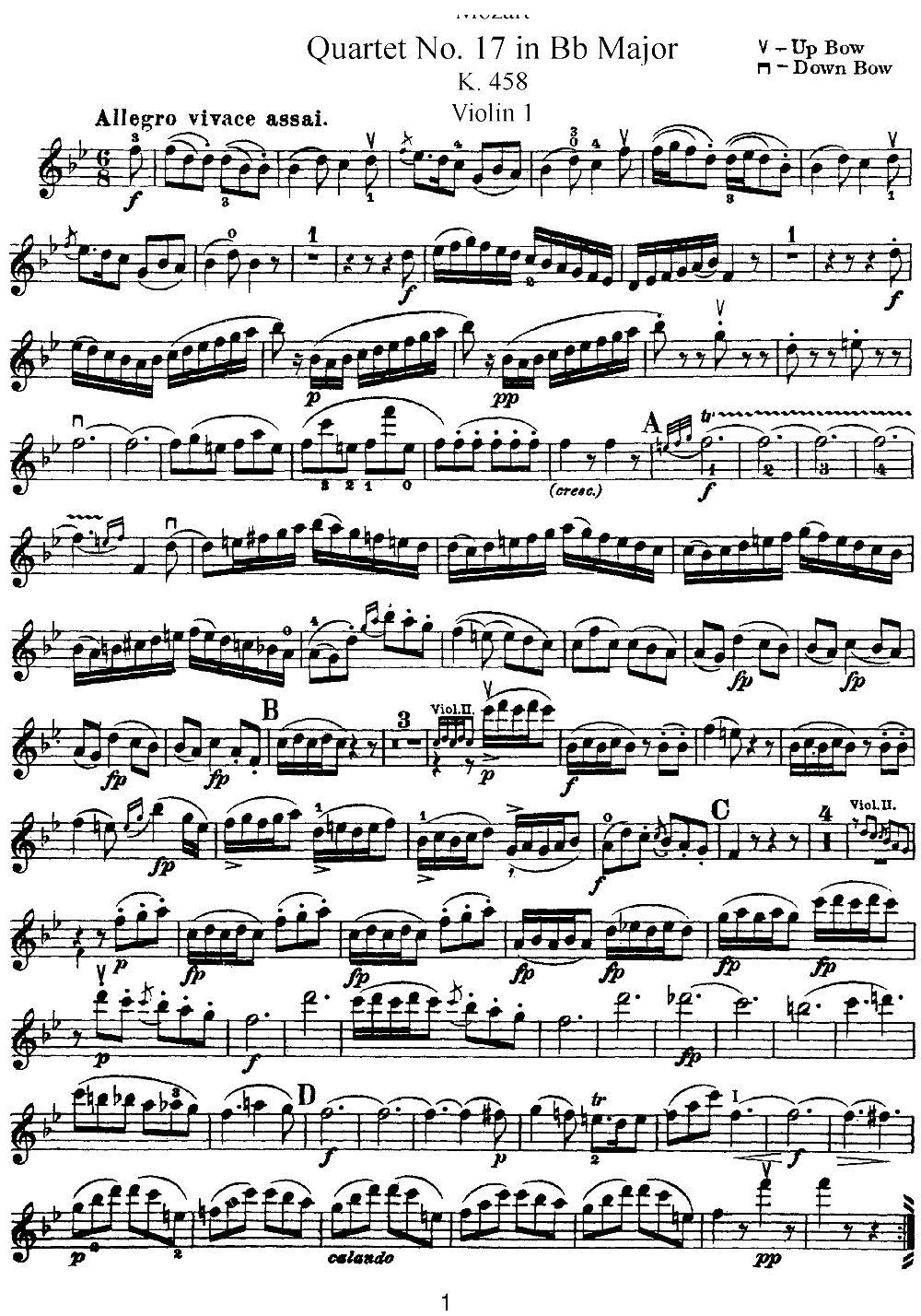 Mozart Quartet No 17 in Bb Major K 458 Violin 1(ʮּ)1