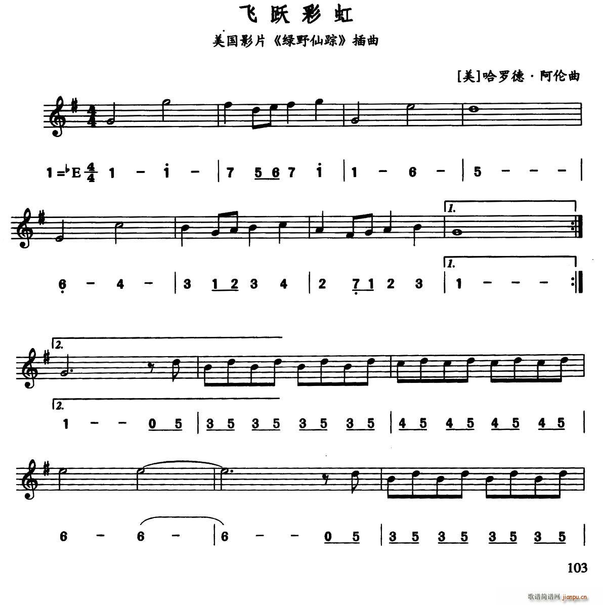 飞越彩虹(美国电影《绿野仙踪》插曲) 歌谱简谱网
