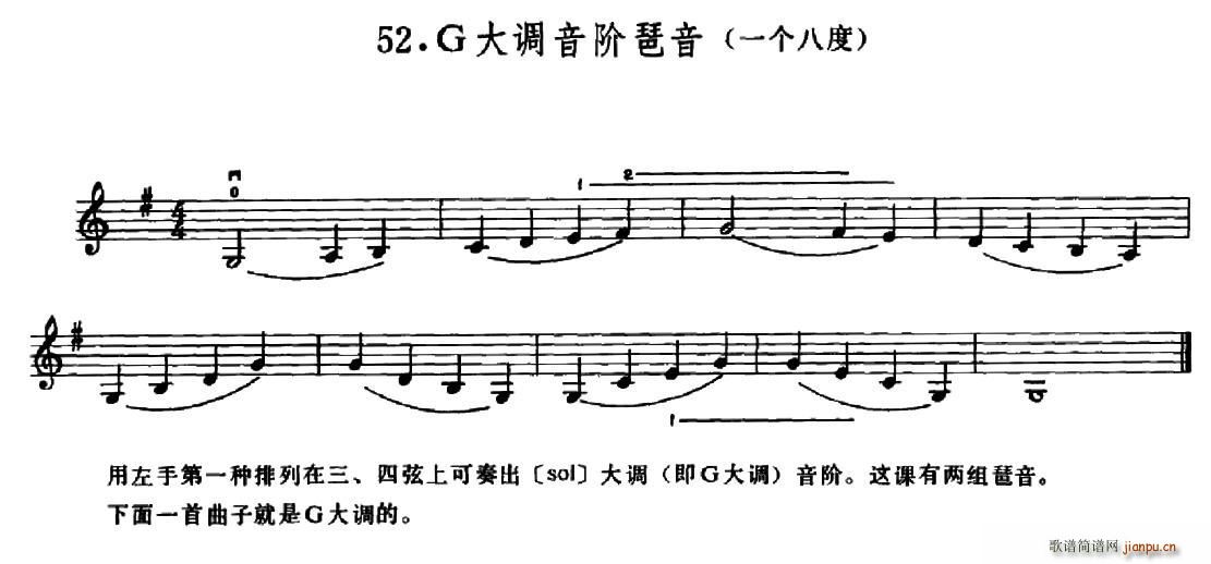 学琴之路练习曲52,g大调音阶琶音(一个八度) 歌谱简谱