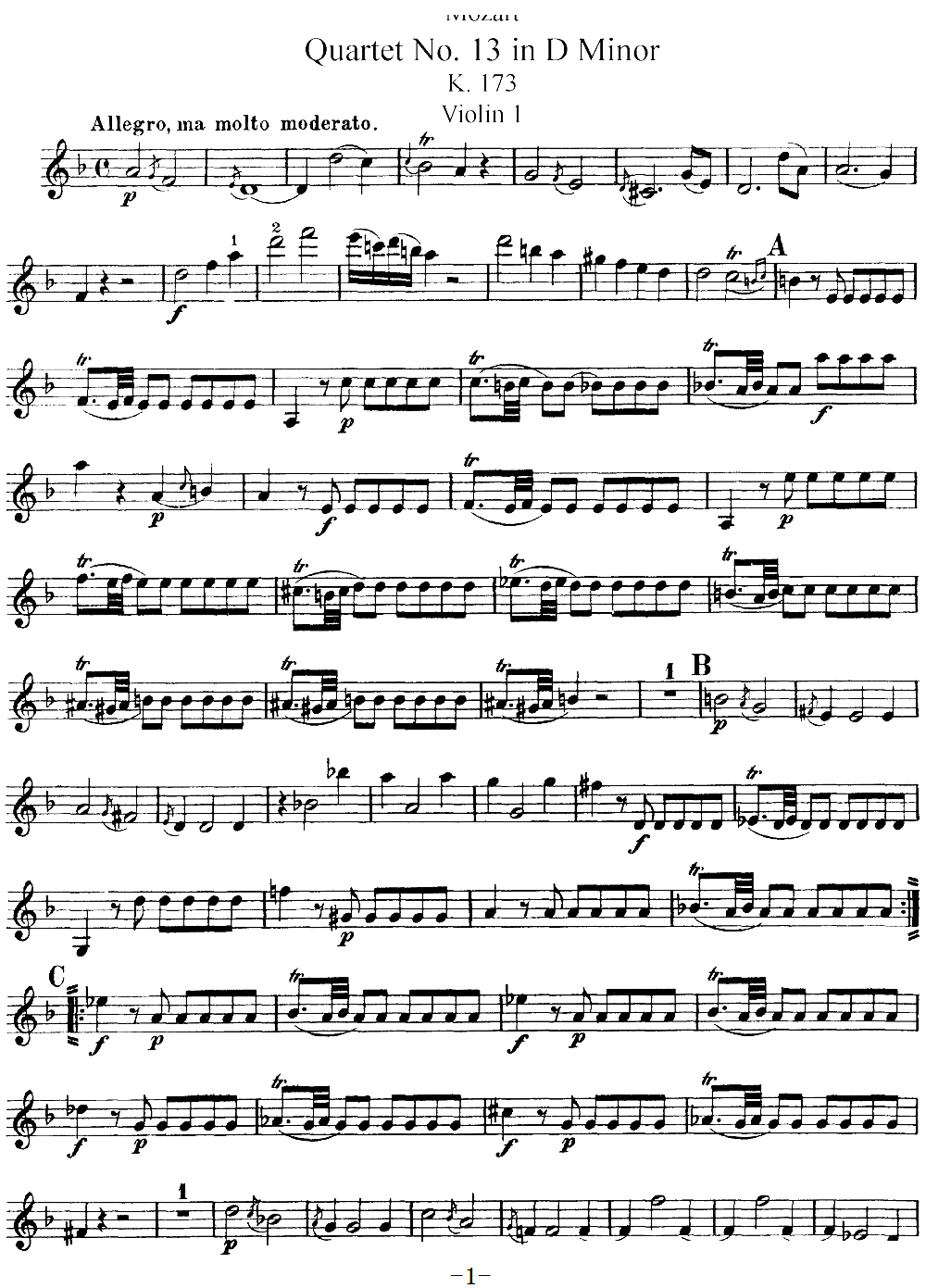 Mozart Quartet No 13 in D Minor K 173 Violin 1(ʮּ)1