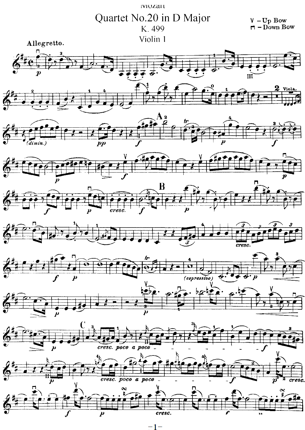 Mozart Quartet No 20 in D Major K 499 Violin 1(ʮּ)1