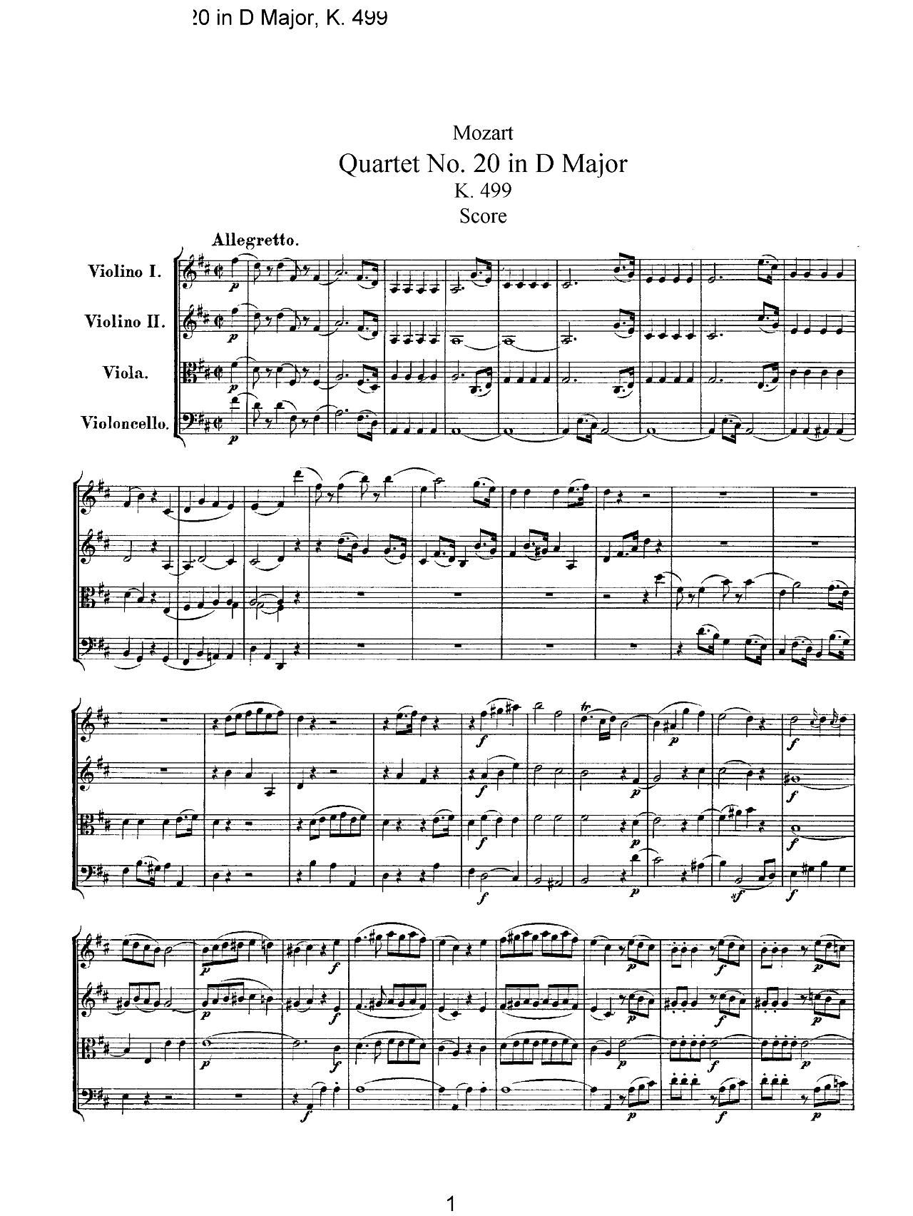 Mozart Quartet No 20 in D Major K 499()1