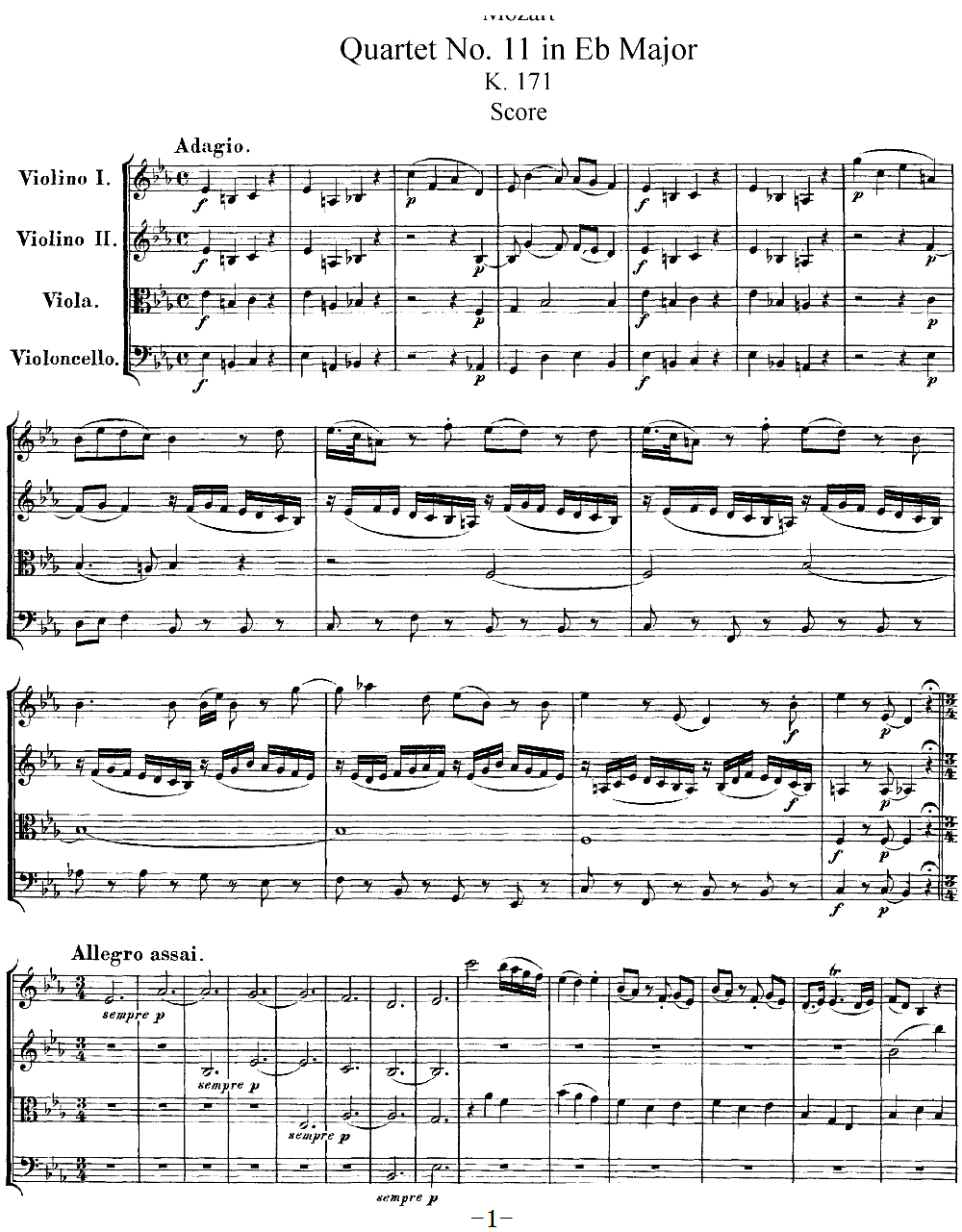 Mozart Quartet No 11 in Eb Major K 171()1
