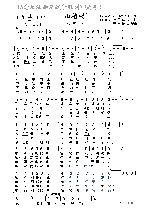 山楂树 黑鸭子 歌谱简谱网