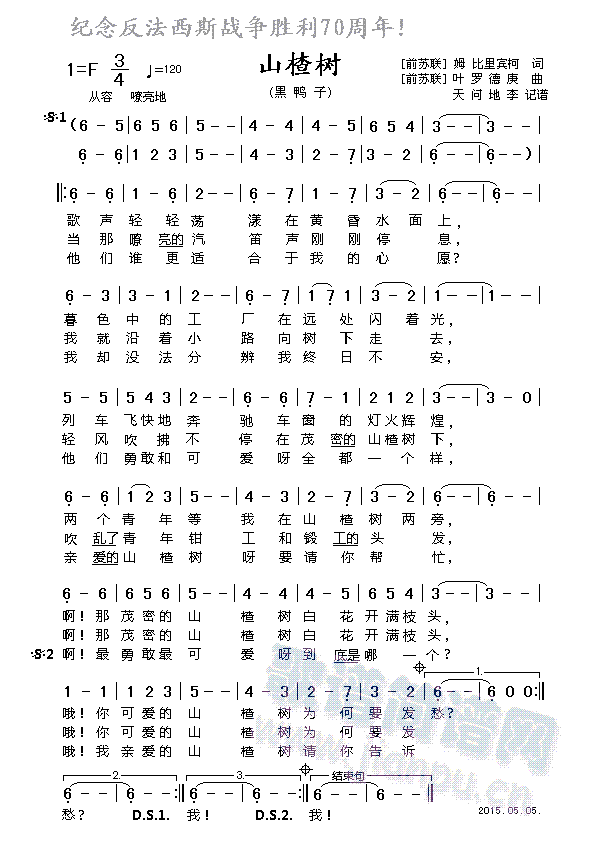 山楂树 黑鸭子 歌谱简谱网